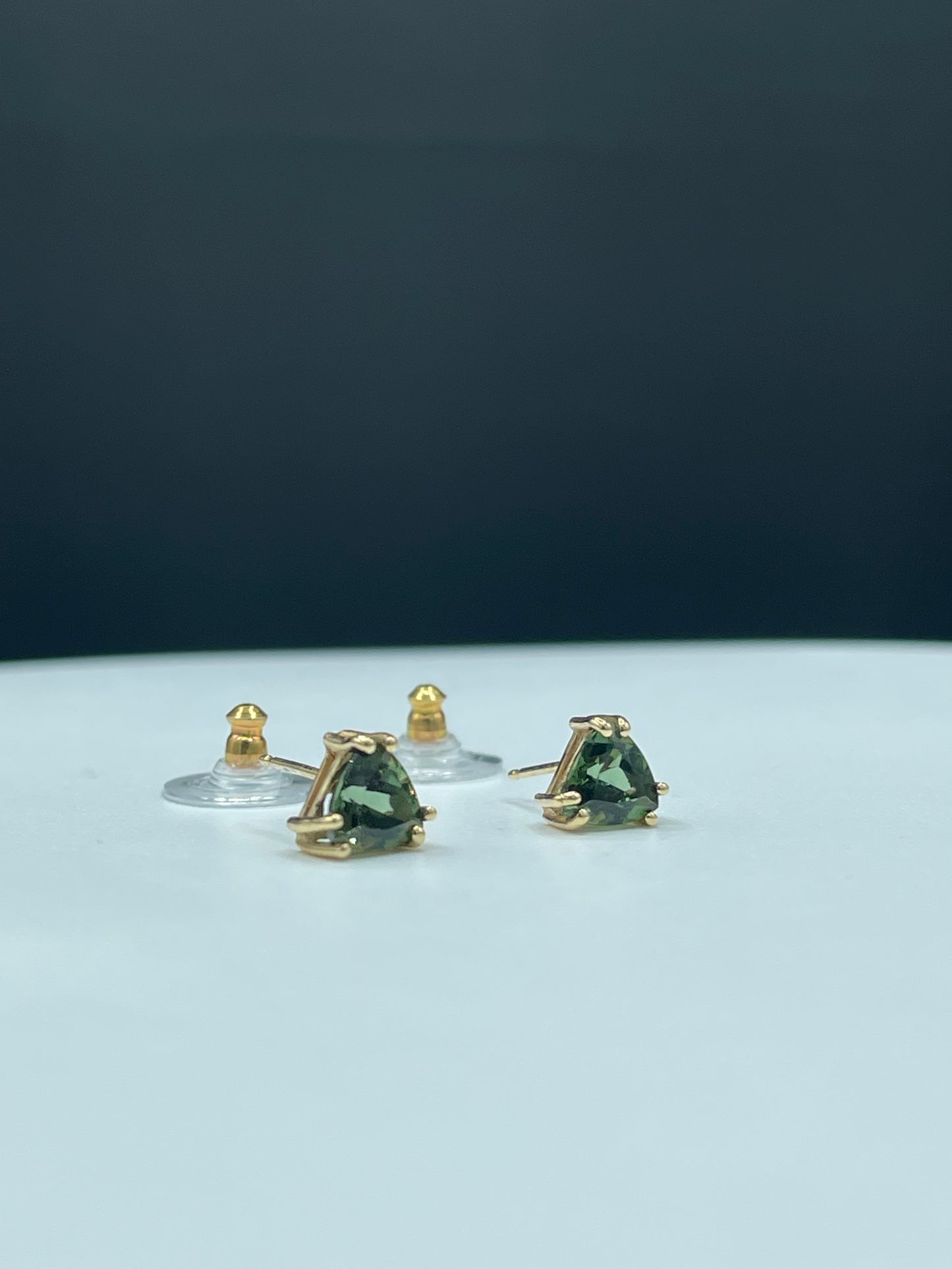 2.65 Carat Green Tourmaline Trillion Cut 14k Yellow Gold Stud Earrings