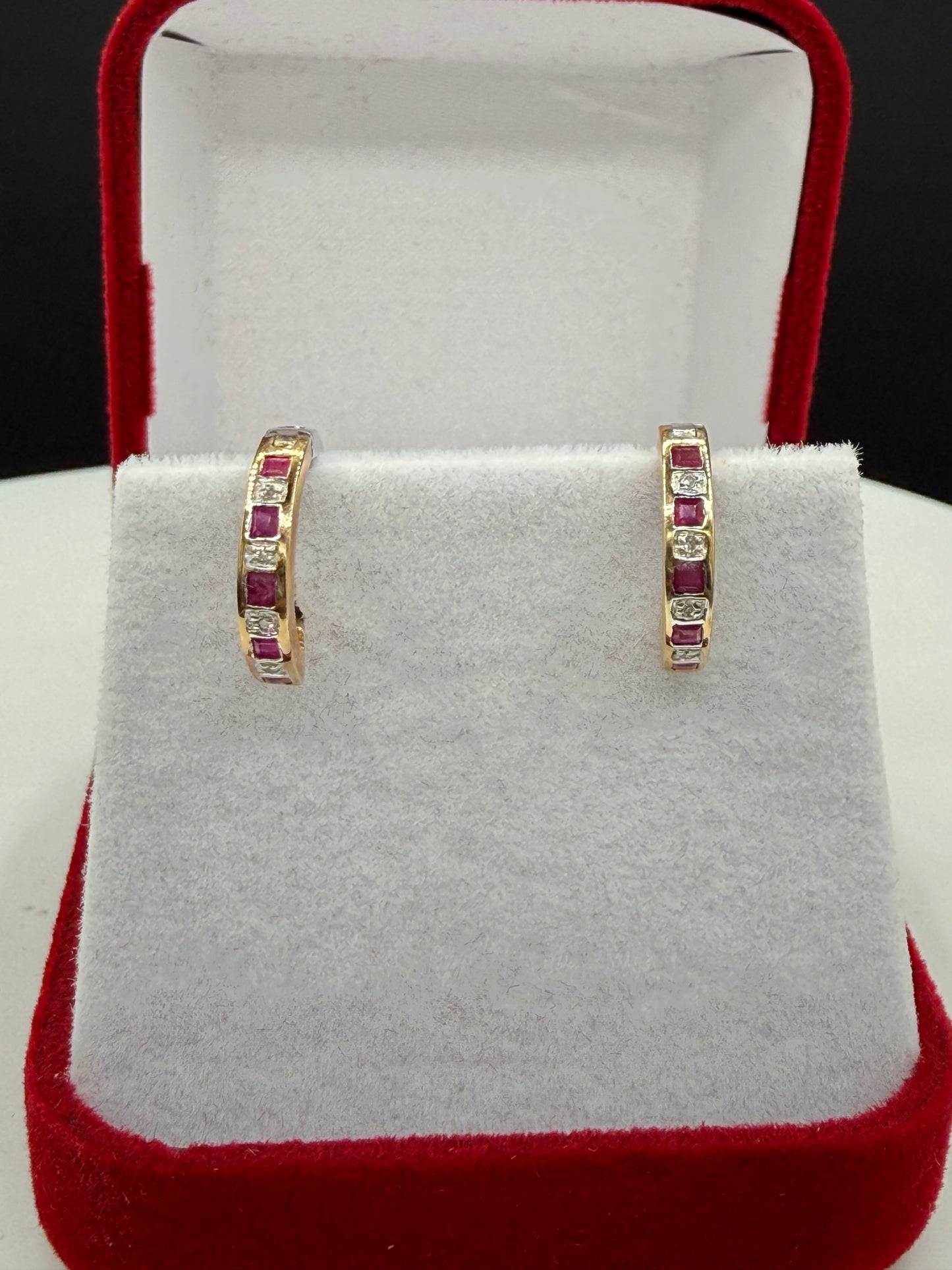 Natural Ruby Sapphire & Diamond 14k Yellow + White Gold Huggie Hoop Earrings