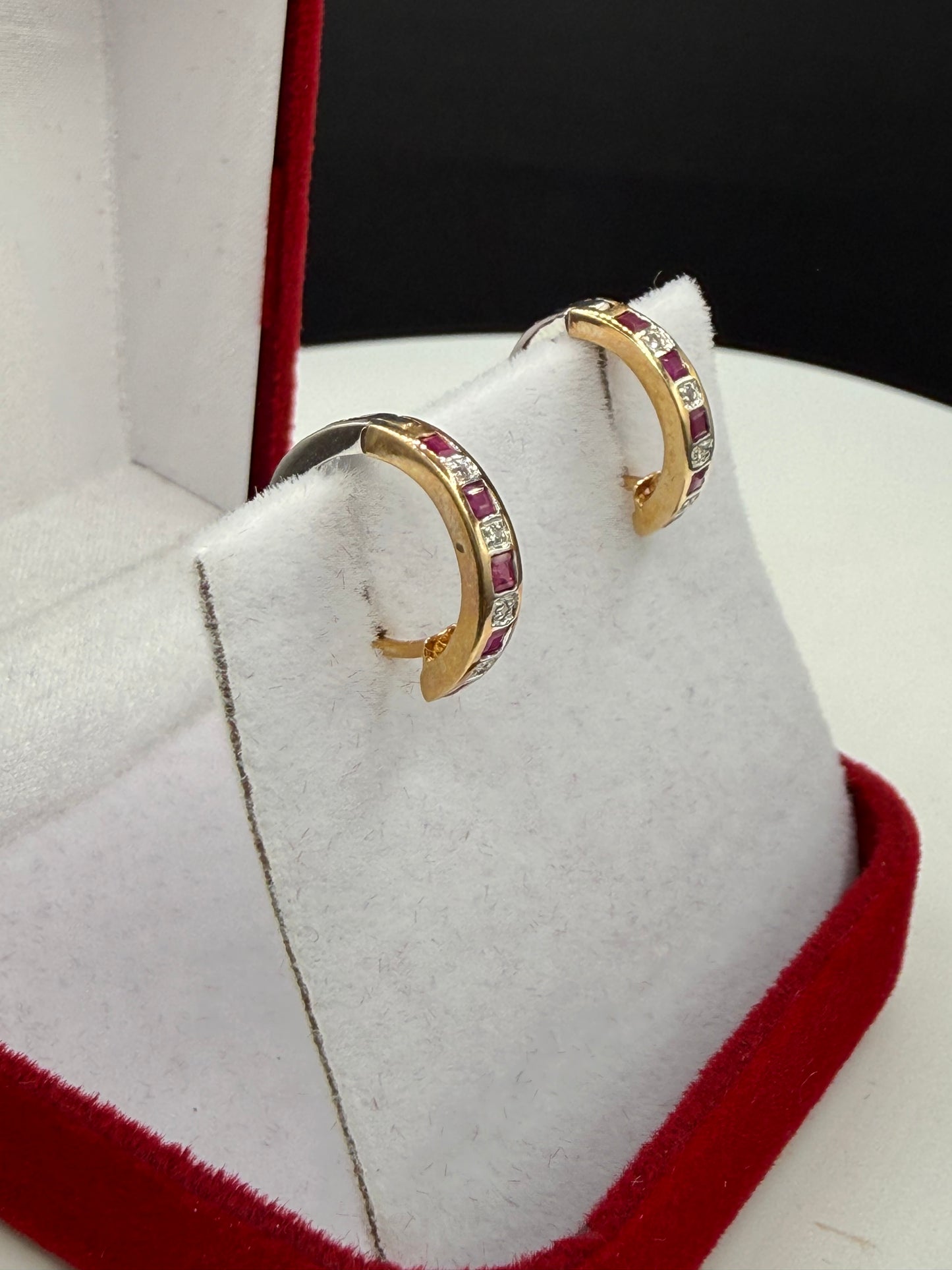 Natural Ruby Sapphire & Diamond 14k Yellow + White Gold Huggie Hoop Earrings