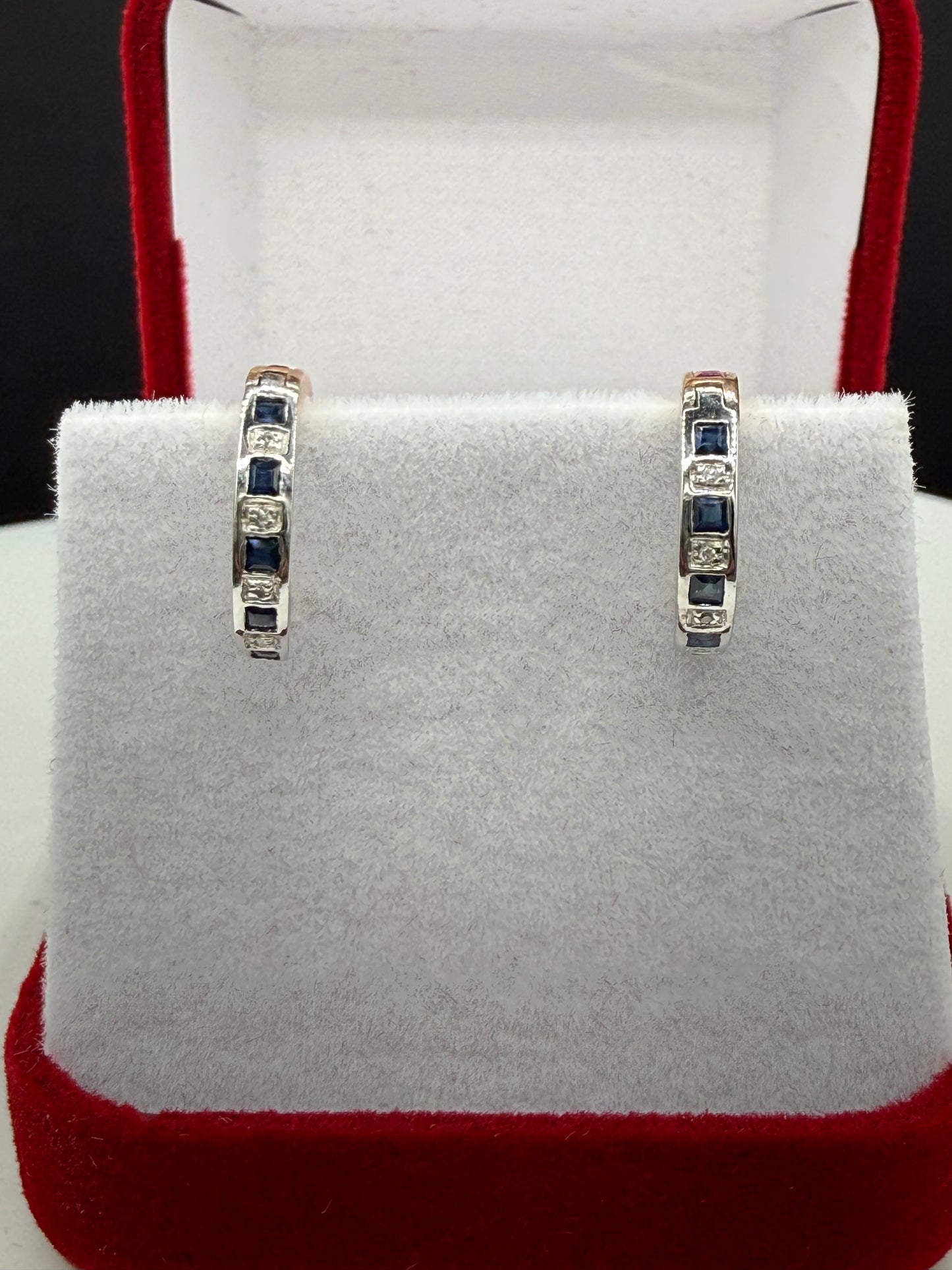 Natural Ruby Sapphire & Diamond 14k Yellow + White Gold Huggie Hoop Earrings