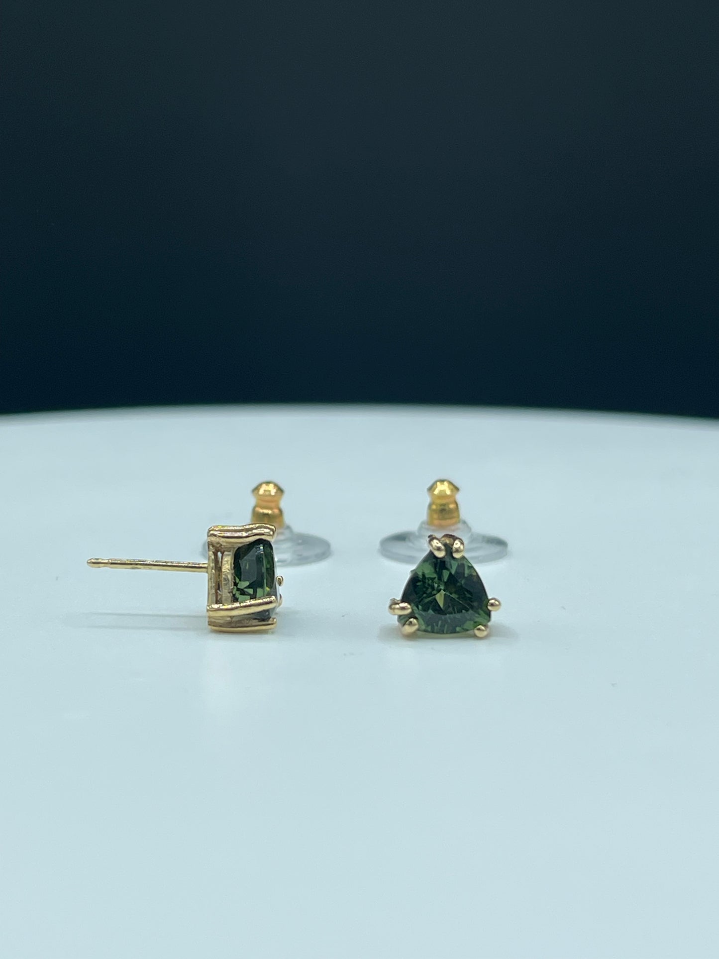 2.65 Carat Green Tourmaline Trillion Cut 14k Yellow Gold Stud Earrings