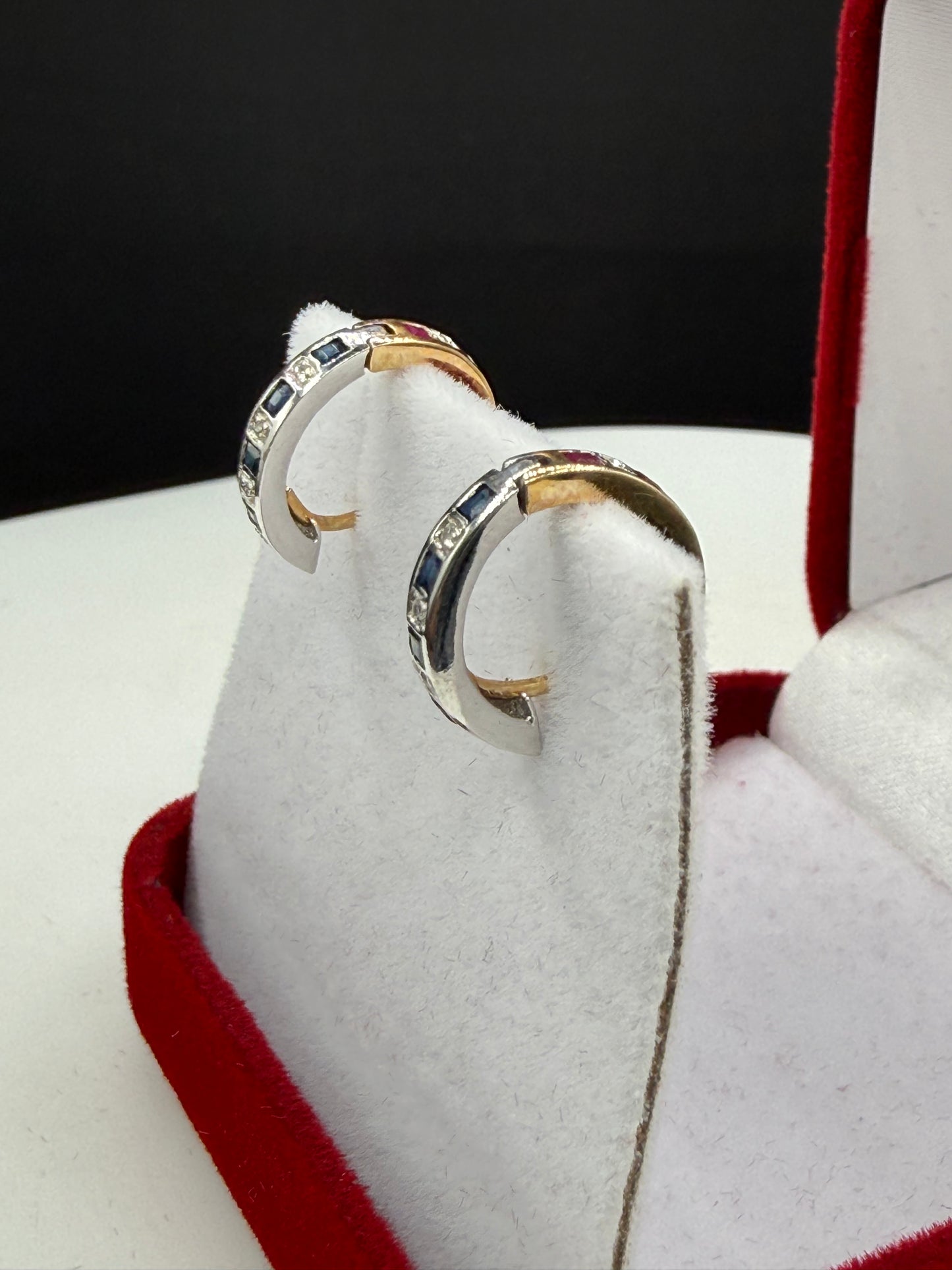 Natural Ruby Sapphire & Diamond 14k Yellow + White Gold Huggie Hoop Earrings