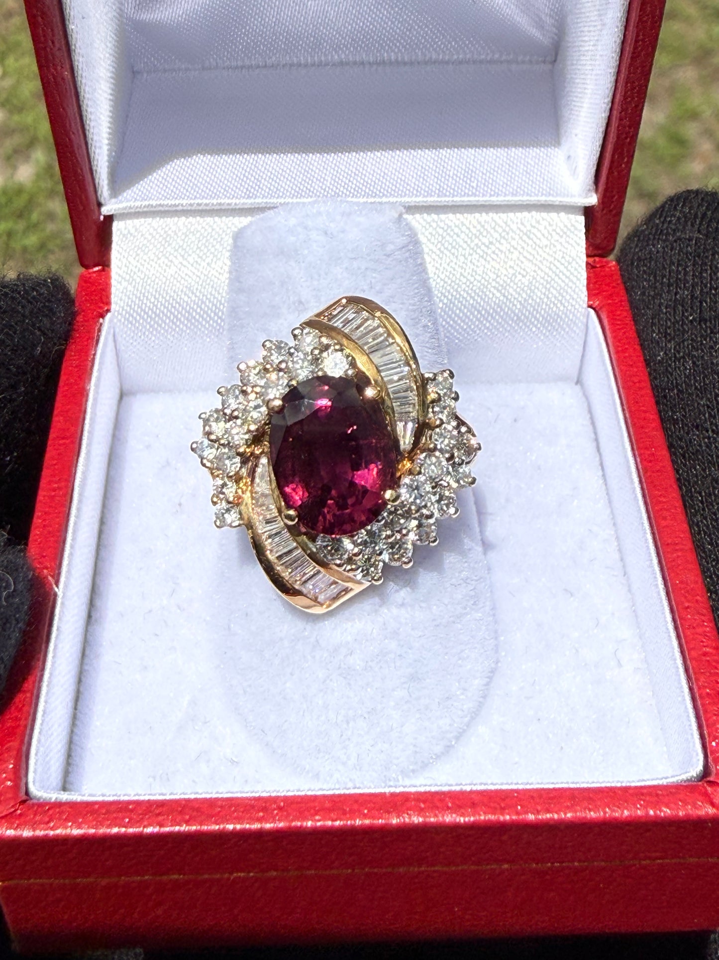 Natural Rubellite Tourmaline & Diamond 18k Yellow Gold Cocktail Ring (Size 6.25)