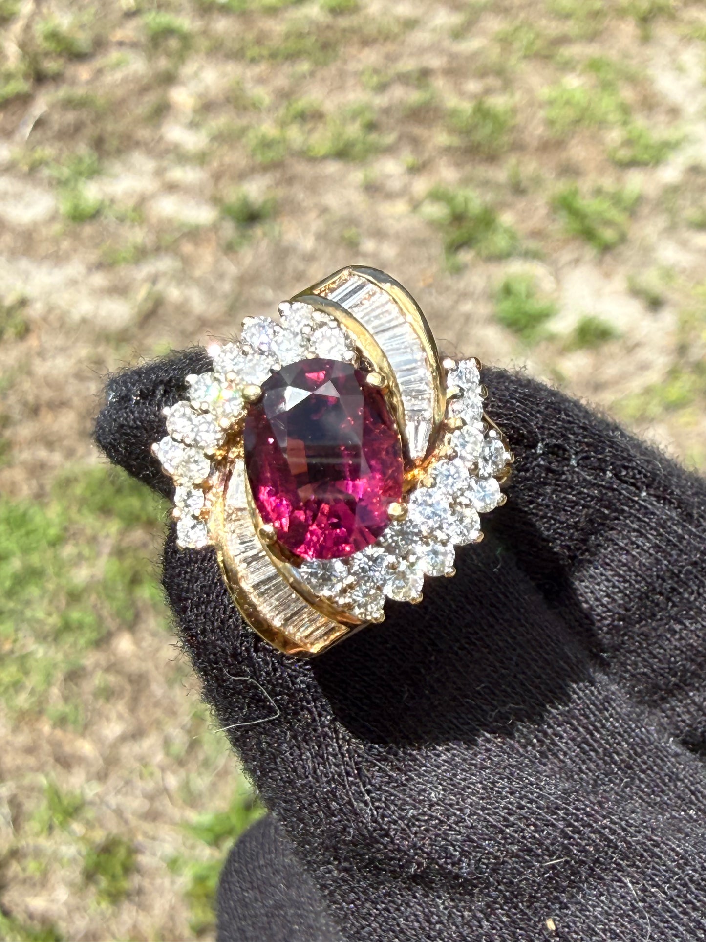 Natural Rubellite Tourmaline & Diamond 18k Yellow Gold Cocktail Ring (Size 6.25)