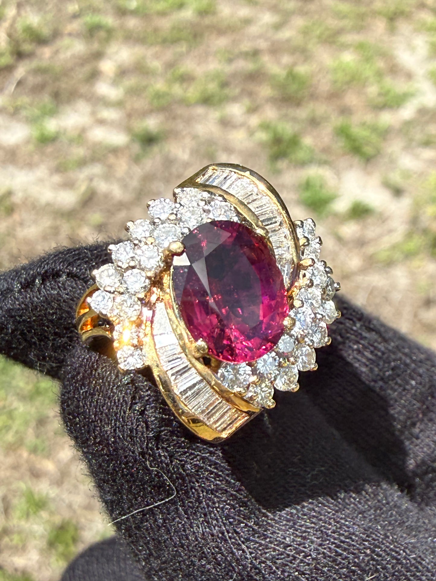 Natural Rubellite Tourmaline & Diamond 18k Yellow Gold Cocktail Ring (Size 6.25)