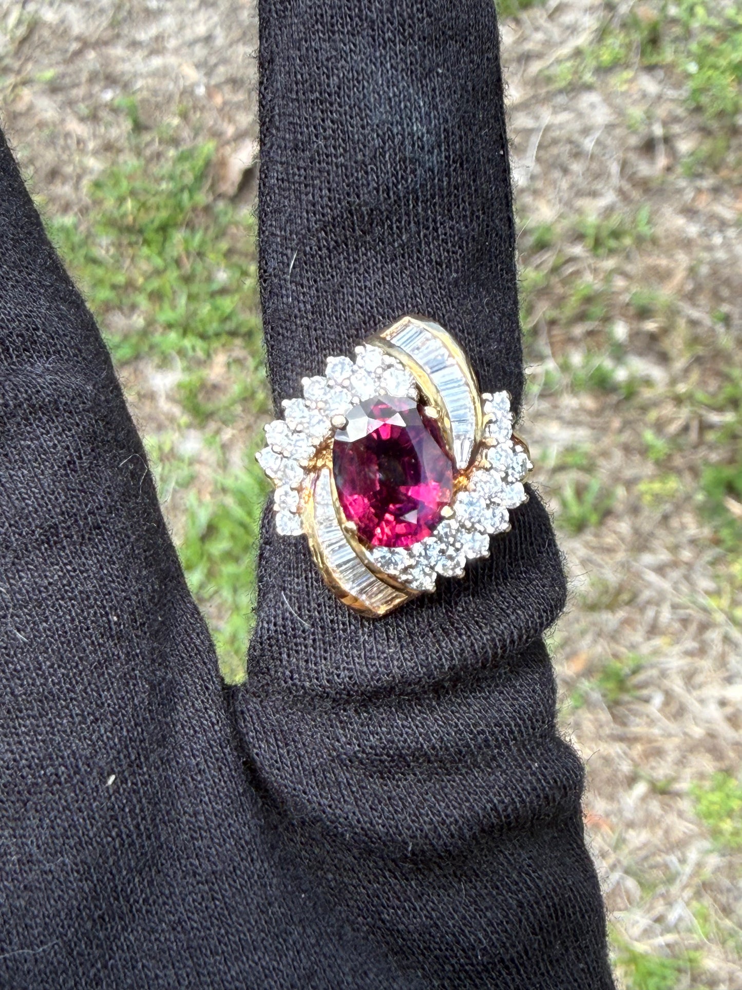 Natural Rubellite Tourmaline & Diamond 18k Yellow Gold Cocktail Ring (Size 6.25)