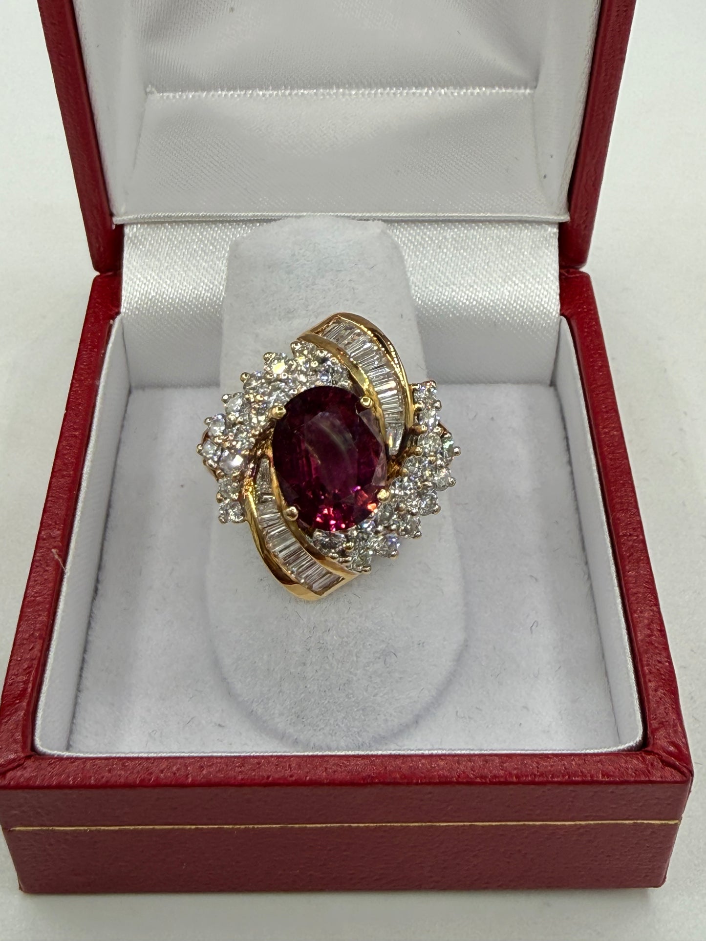 Natural Rubellite Tourmaline & Diamond 18k Yellow Gold Cocktail Ring (Size 6.25)