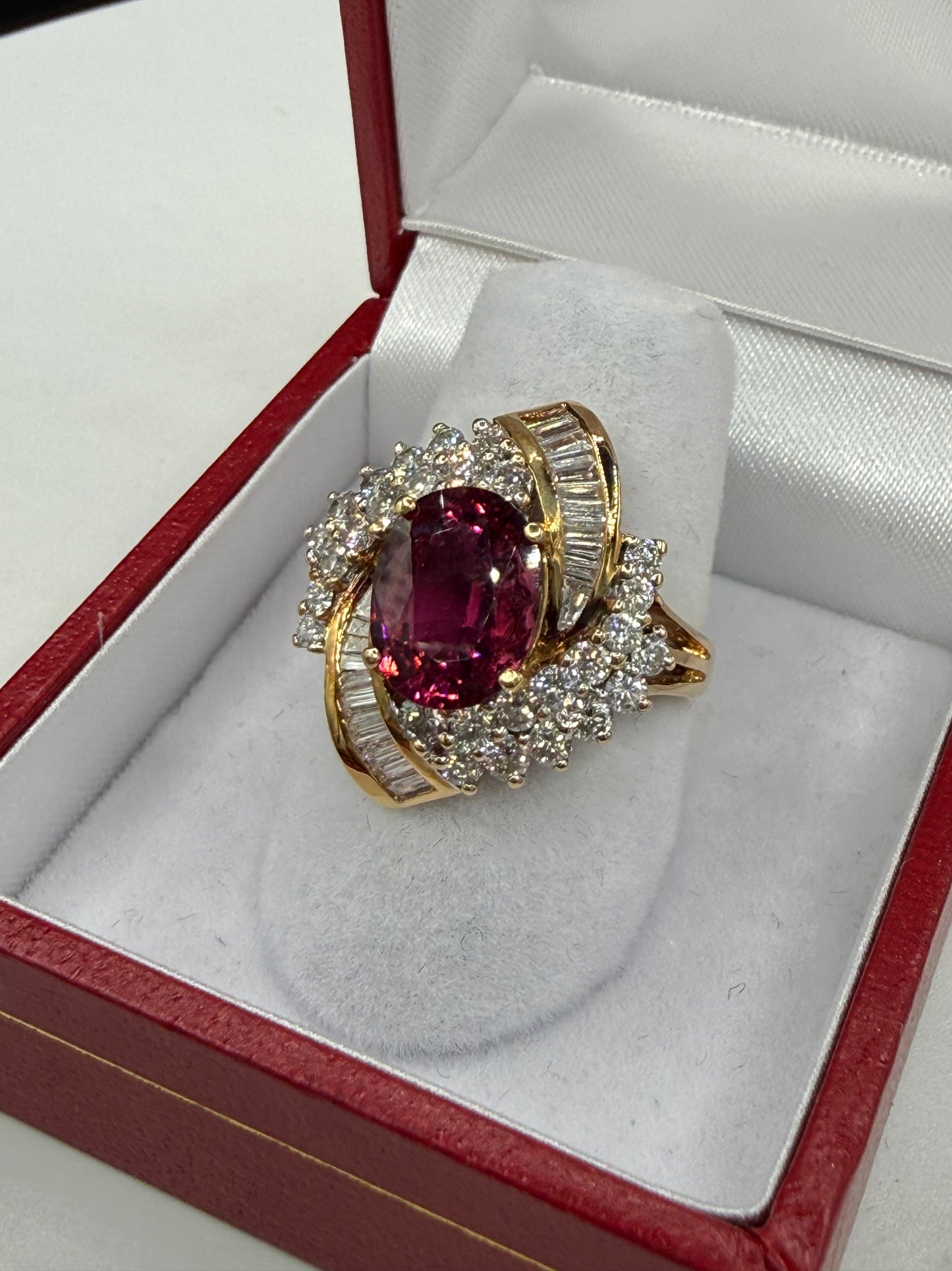 Natural Rubellite Tourmaline & Diamond 18k Yellow Gold Cocktail Ring (Size 6.25)