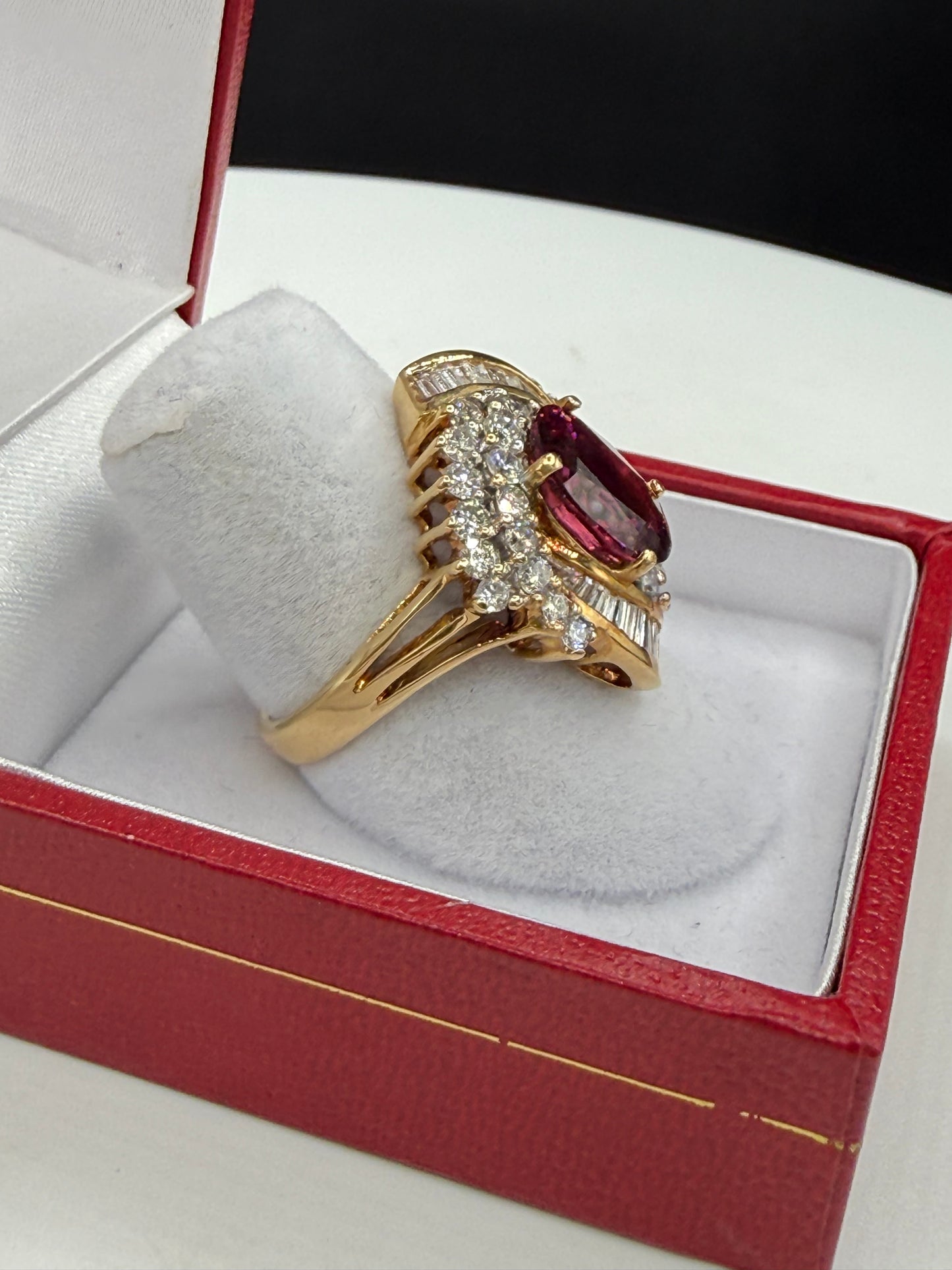 Natural Rubellite Tourmaline & Diamond 18k Yellow Gold Cocktail Ring (Size 6.25)