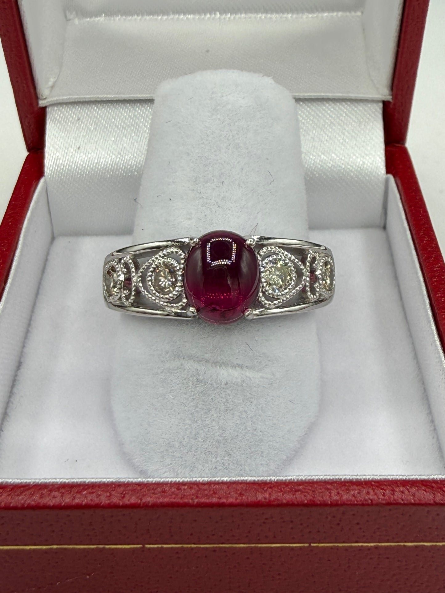 Natural Rubellite Tourmaline Cabochon & Diamond 900 Platinum Ring | Size 8.25 | 1.38 Ct Tourmaline | 0.43 Ct Diamond