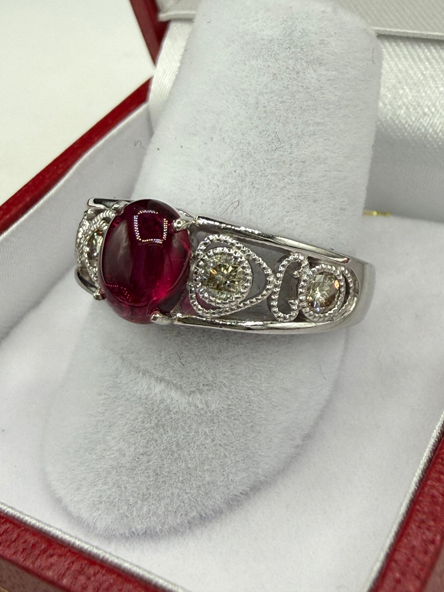 Natural Rubellite Tourmaline Cabochon & Diamond 900 Platinum Ring | Size 8.25 | 1.38 Ct Tourmaline | 0.43 Ct Diamond