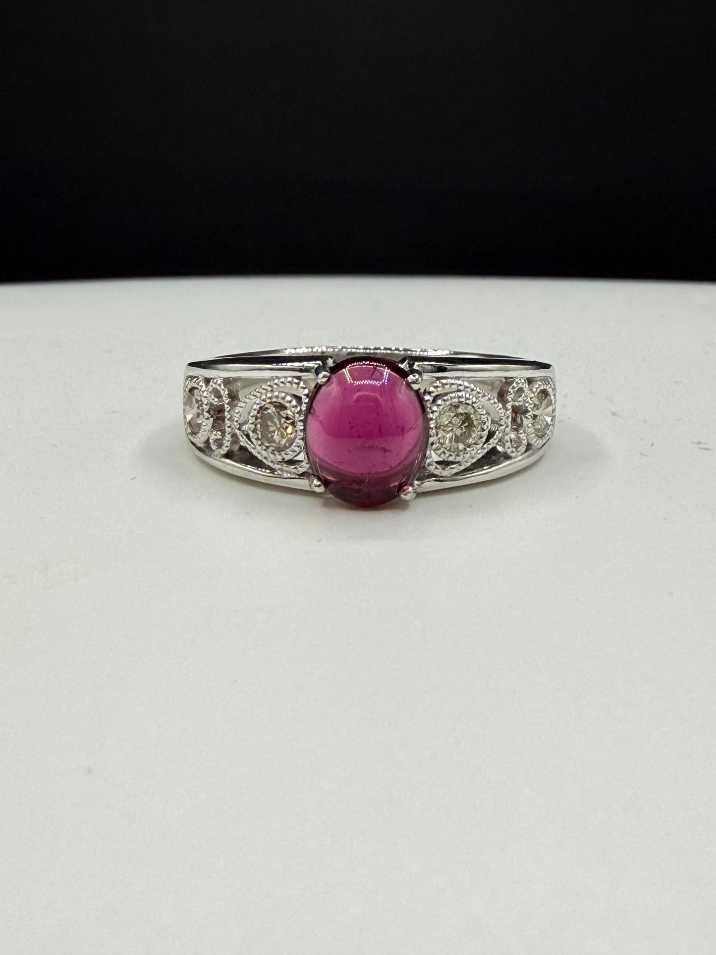 Natural Rubellite Tourmaline Cabochon & Diamond 900 Platinum Ring | Size 8.25 | 1.38 Ct Tourmaline | 0.43 Ct Diamond