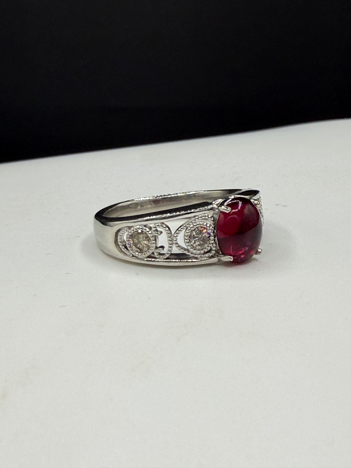 Natural Rubellite Tourmaline Cabochon & Diamond 900 Platinum Ring | Size 8.25 | 1.38 Ct Tourmaline | 0.43 Ct Diamond