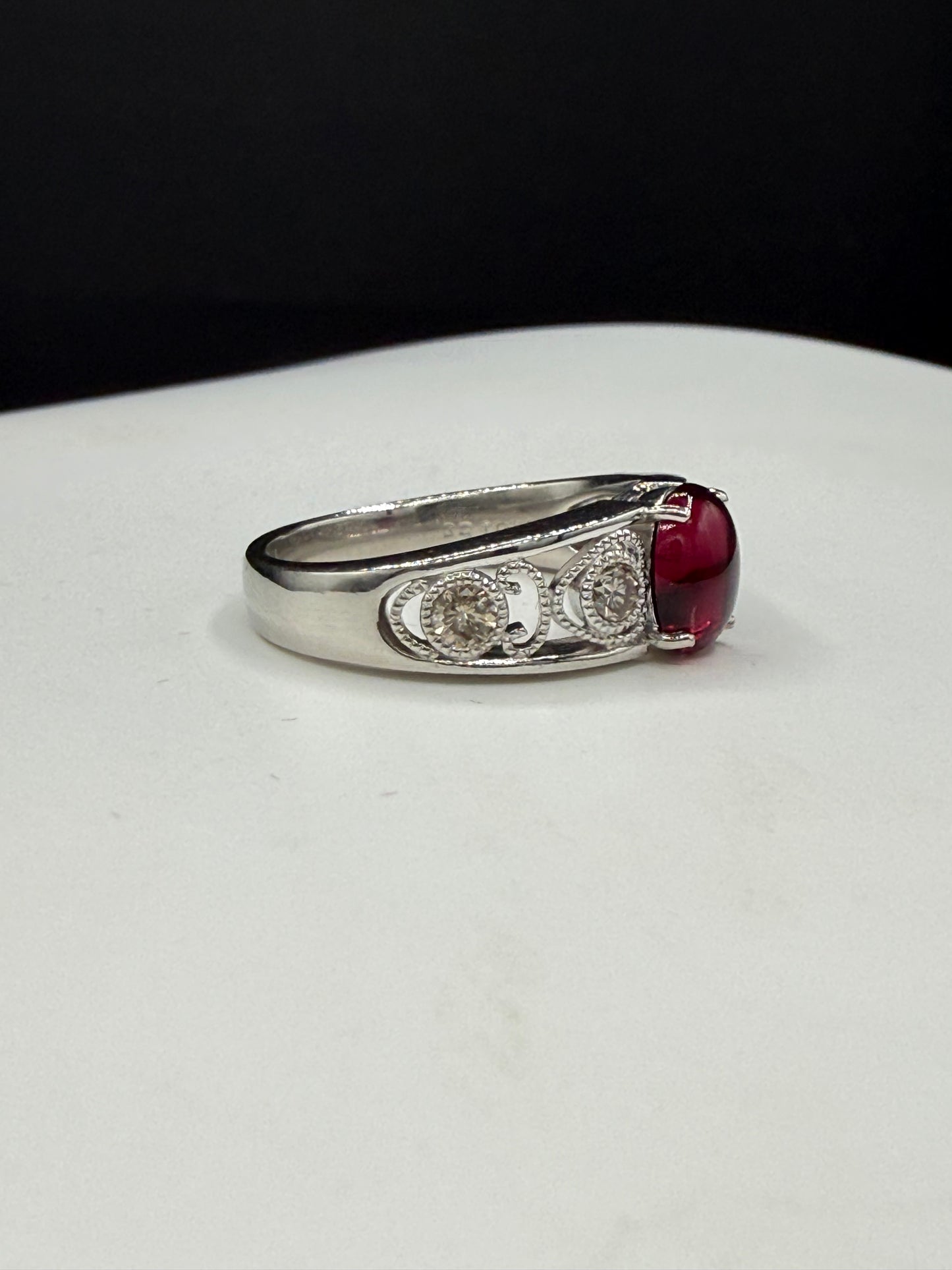 Natural Rubellite Tourmaline Cabochon & Diamond 900 Platinum Ring | Size 8.25 | 1.38 Ct Tourmaline | 0.43 Ct Diamond