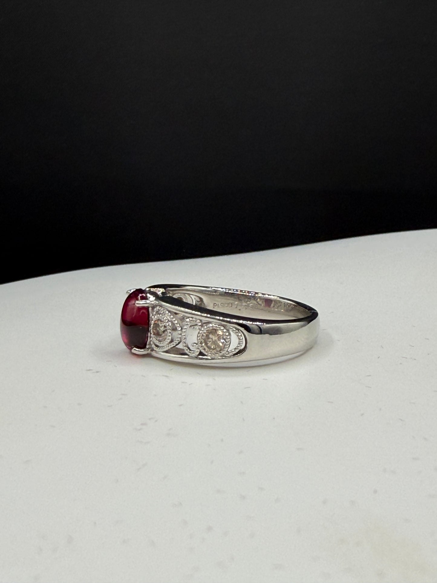 Natural Rubellite Tourmaline Cabochon & Diamond 900 Platinum Ring | Size 8.25 | 1.38 Ct Tourmaline | 0.43 Ct Diamond