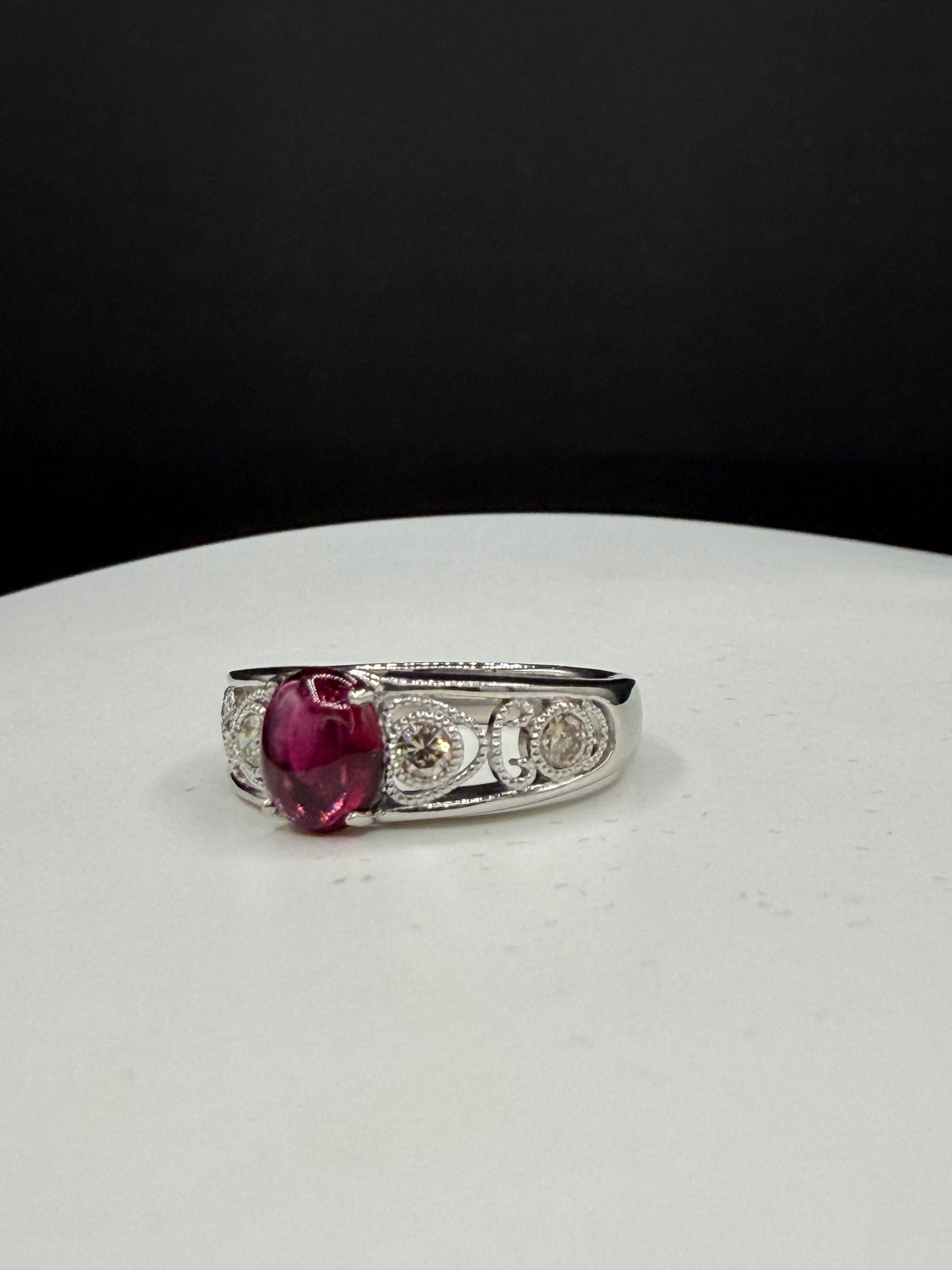 Natural Rubellite Tourmaline Cabochon & Diamond 900 Platinum Ring | Size 8.25 | 1.38 Ct Tourmaline | 0.43 Ct Diamond