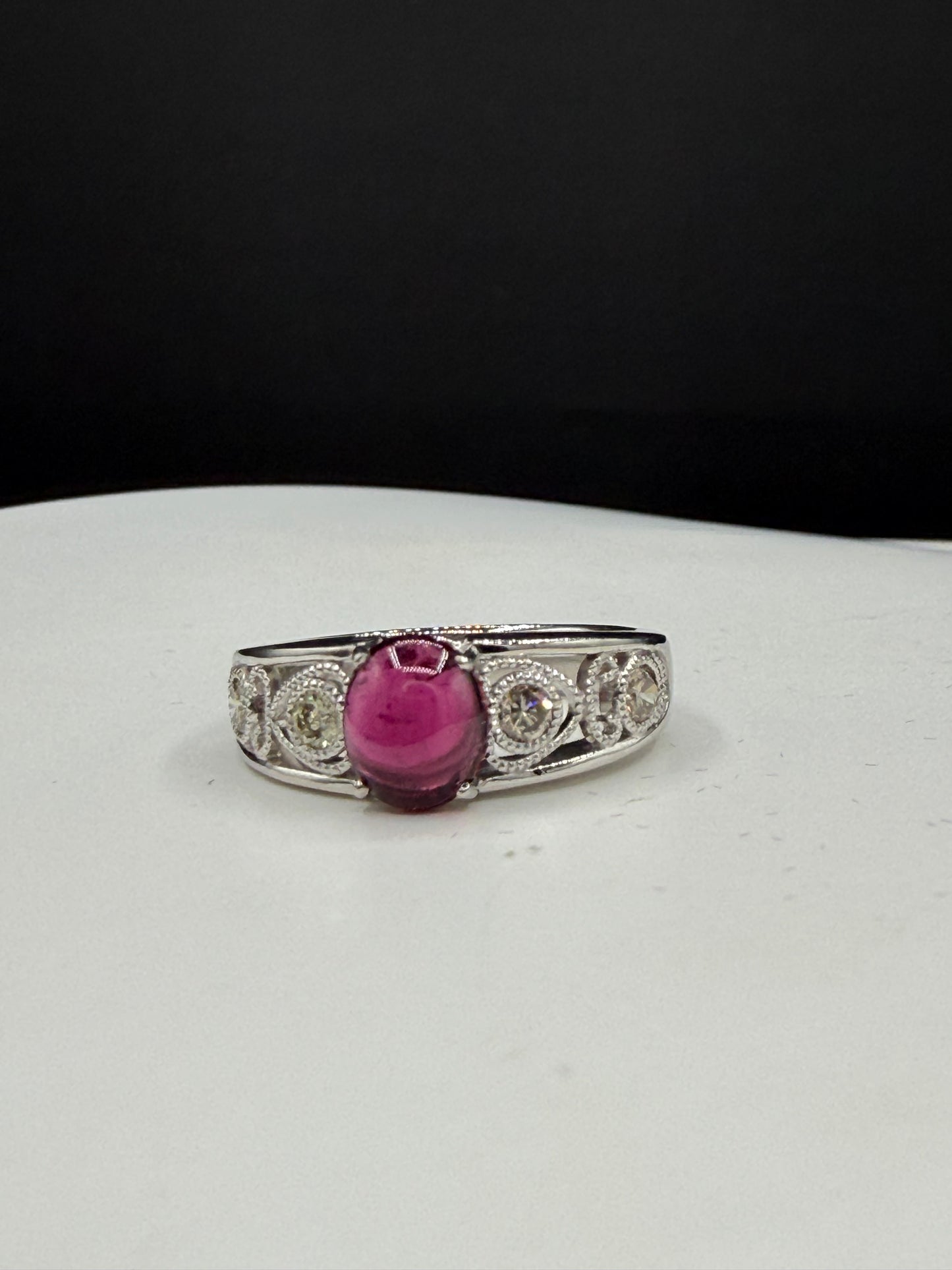 Natural Rubellite Tourmaline Cabochon & Diamond 900 Platinum Ring | Size 8.25 | 1.38 Ct Tourmaline | 0.43 Ct Diamond