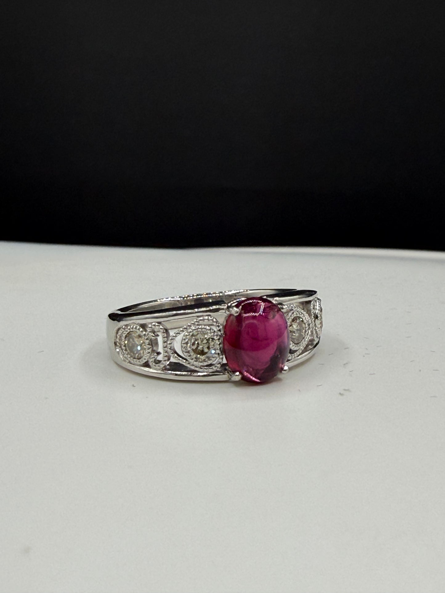 Natural Rubellite Tourmaline Cabochon & Diamond 900 Platinum Ring | Size 8.25 | 1.38 Ct Tourmaline | 0.43 Ct Diamond