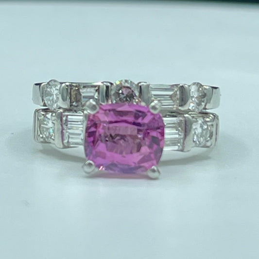 Natural Pink Sapphire & Diamond Platinum Engagement Ring And Wedding Band Set (Size 5)