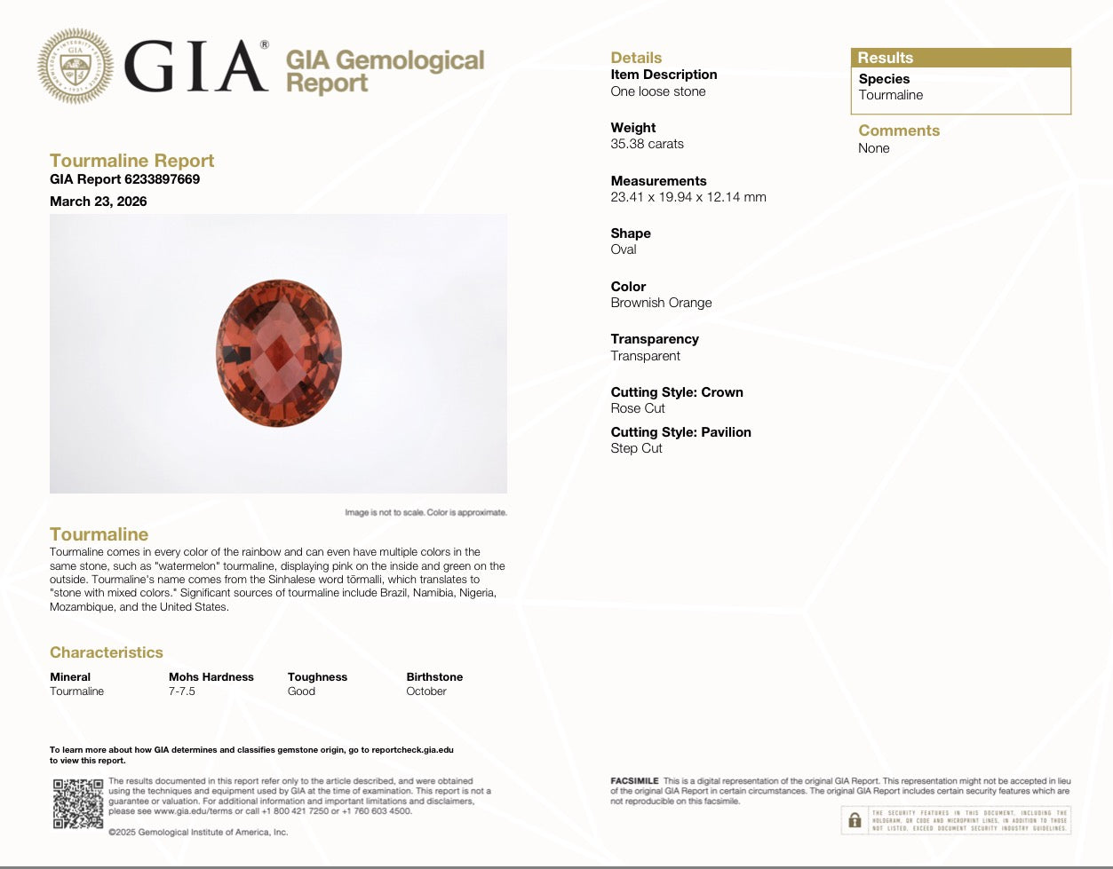 World-Class 35.38 Carat GIA Certified Natural Orange Tourmaline Oval Loose Gemstone