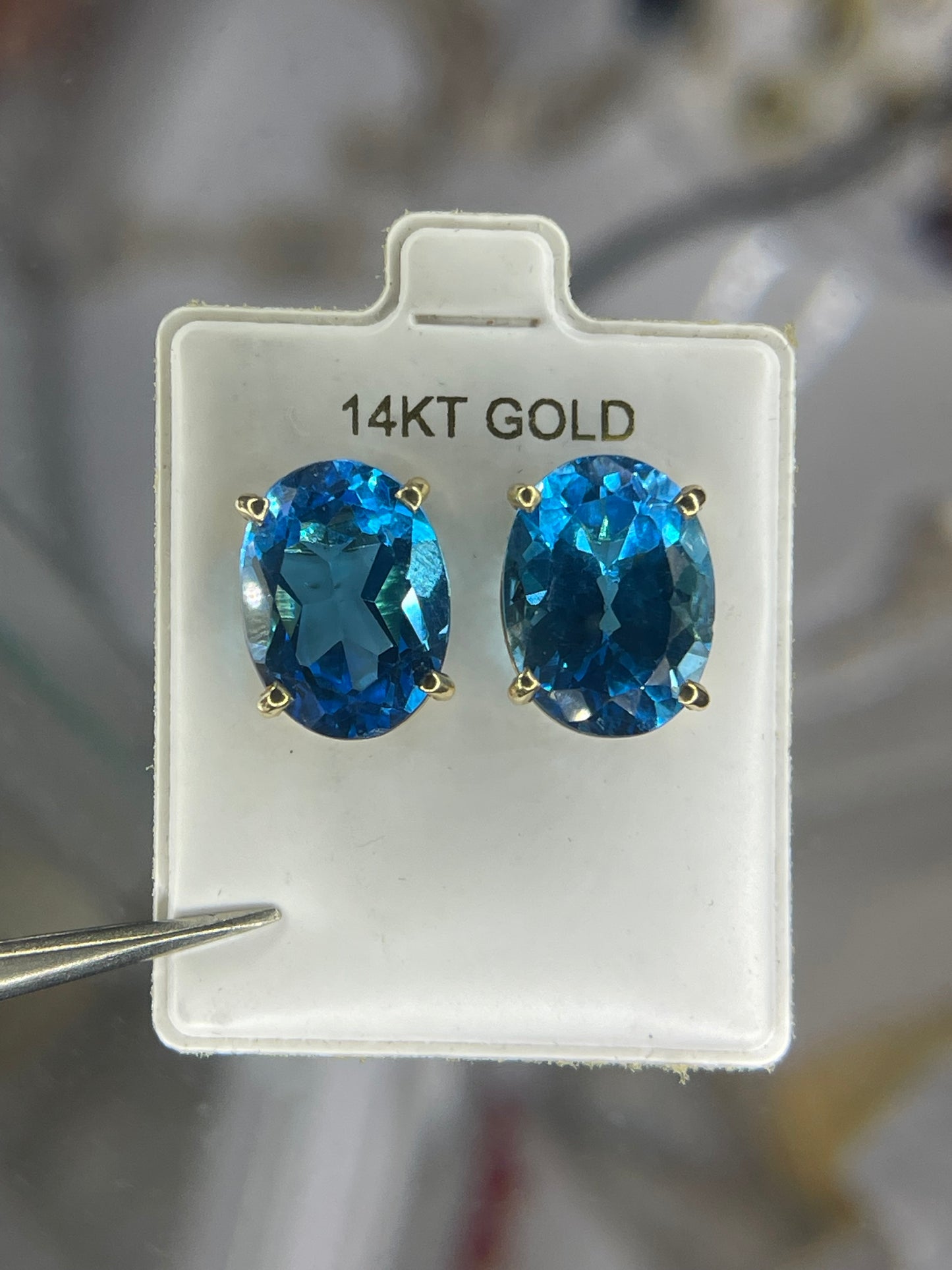 20.66 Carat Super Swiss Blue Topaz 14k Yellow Gold Earrings
