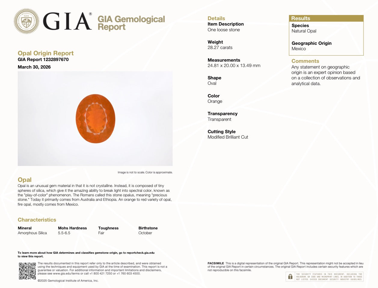 GIA Certified 28.27ct Natural Mexican Fire Opal | Vivid Orange | 24.81 x 20 mm World-Class Gem
