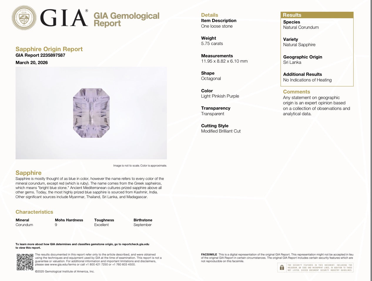 GIA Certified 5.75ct Unheated Ceylon Sapphire | Master Concave Cut | Rare Octagonal Lilac