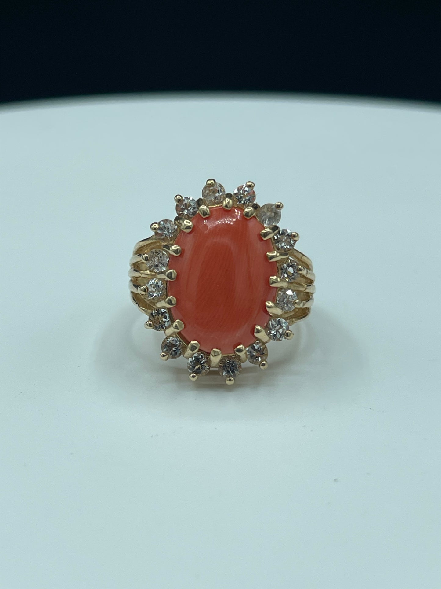 6.68 Carat Natural Italian Coral & White Topaz 14k Yellow Gold Ring (Size 7.25)