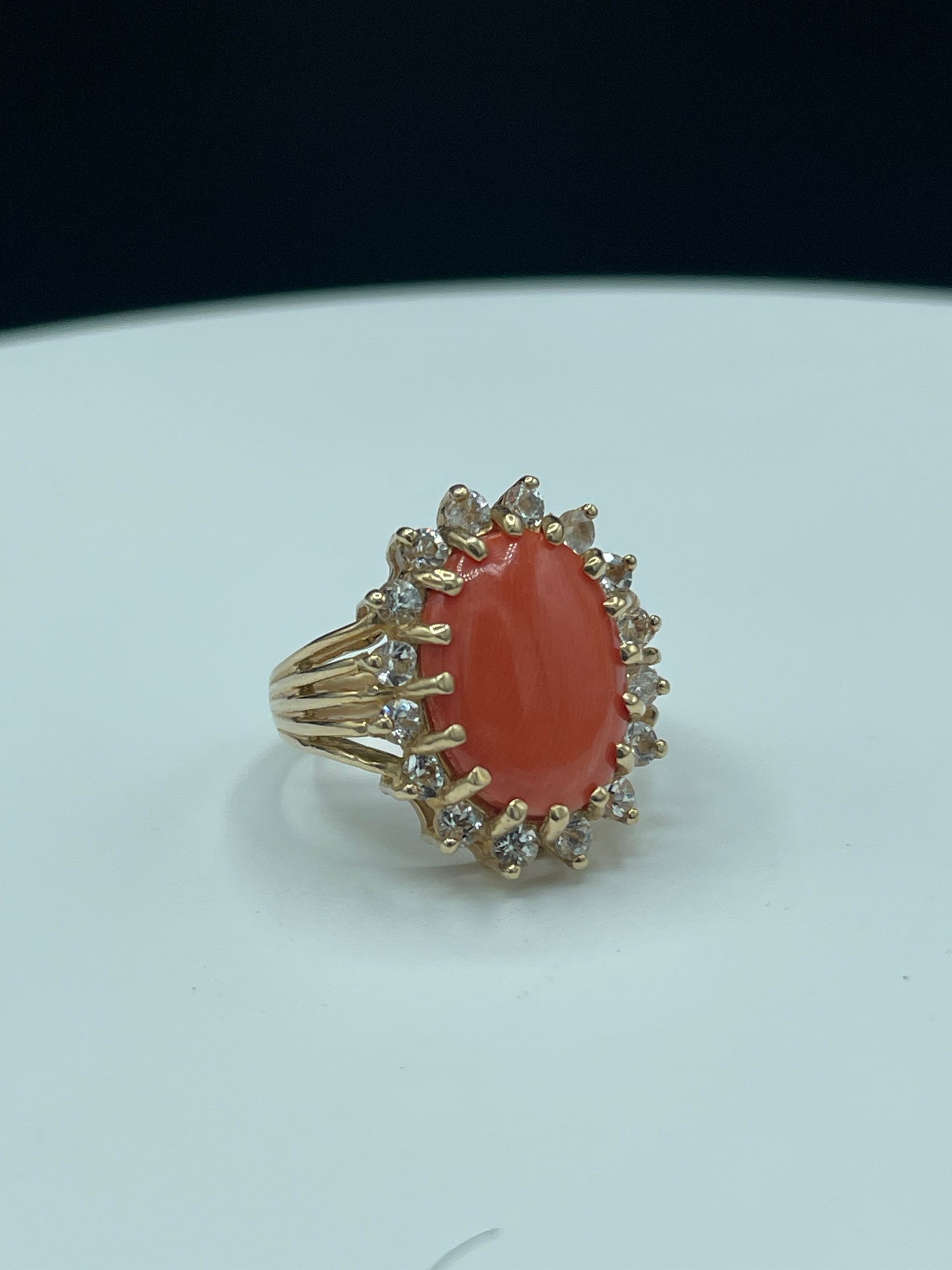 6.68 Carat Natural Italian Coral & White Topaz 14k Yellow Gold Ring (Size 7.25)