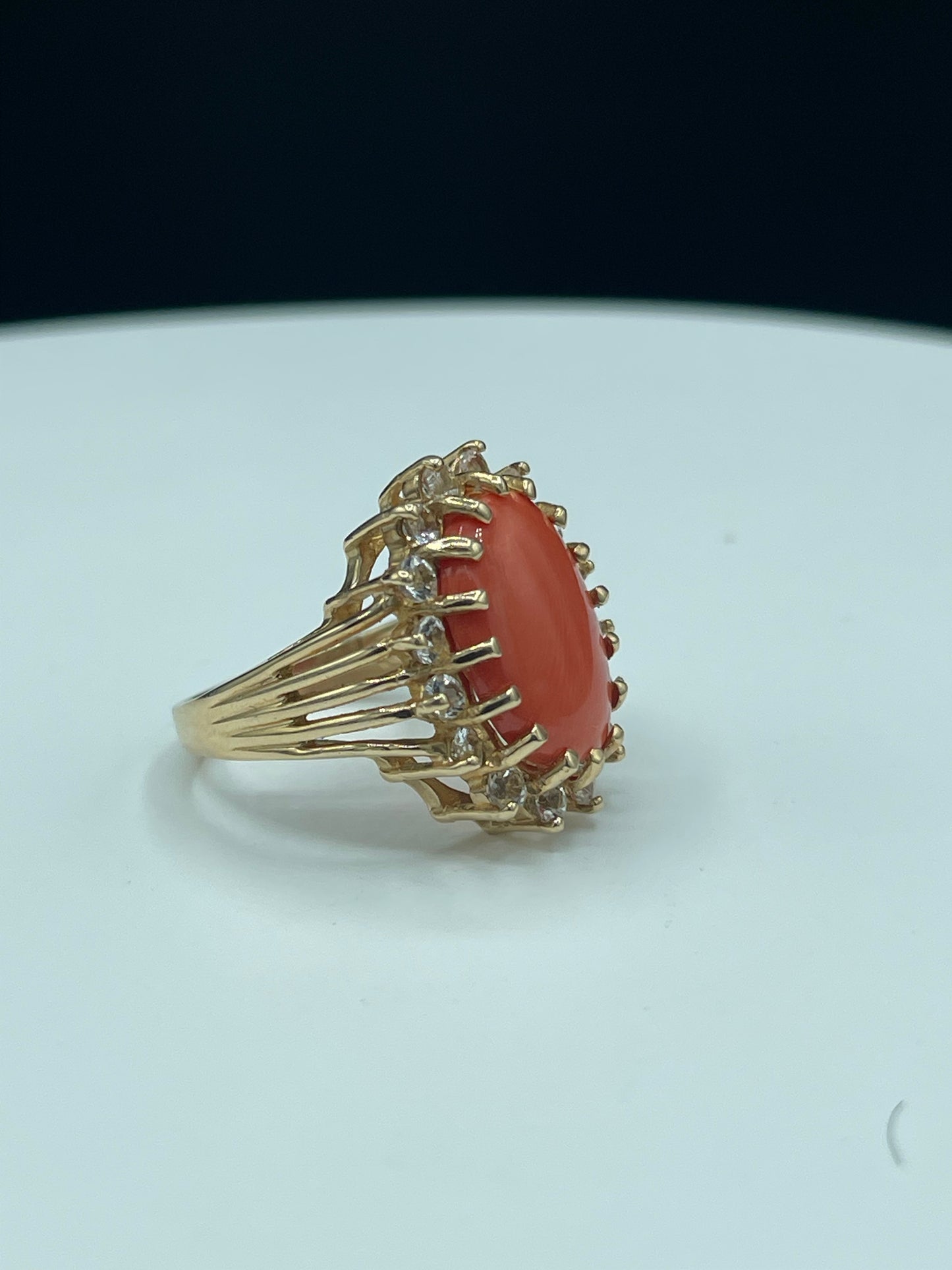 6.68 Carat Natural Italian Coral & White Topaz 14k Yellow Gold Ring (Size 7.25)