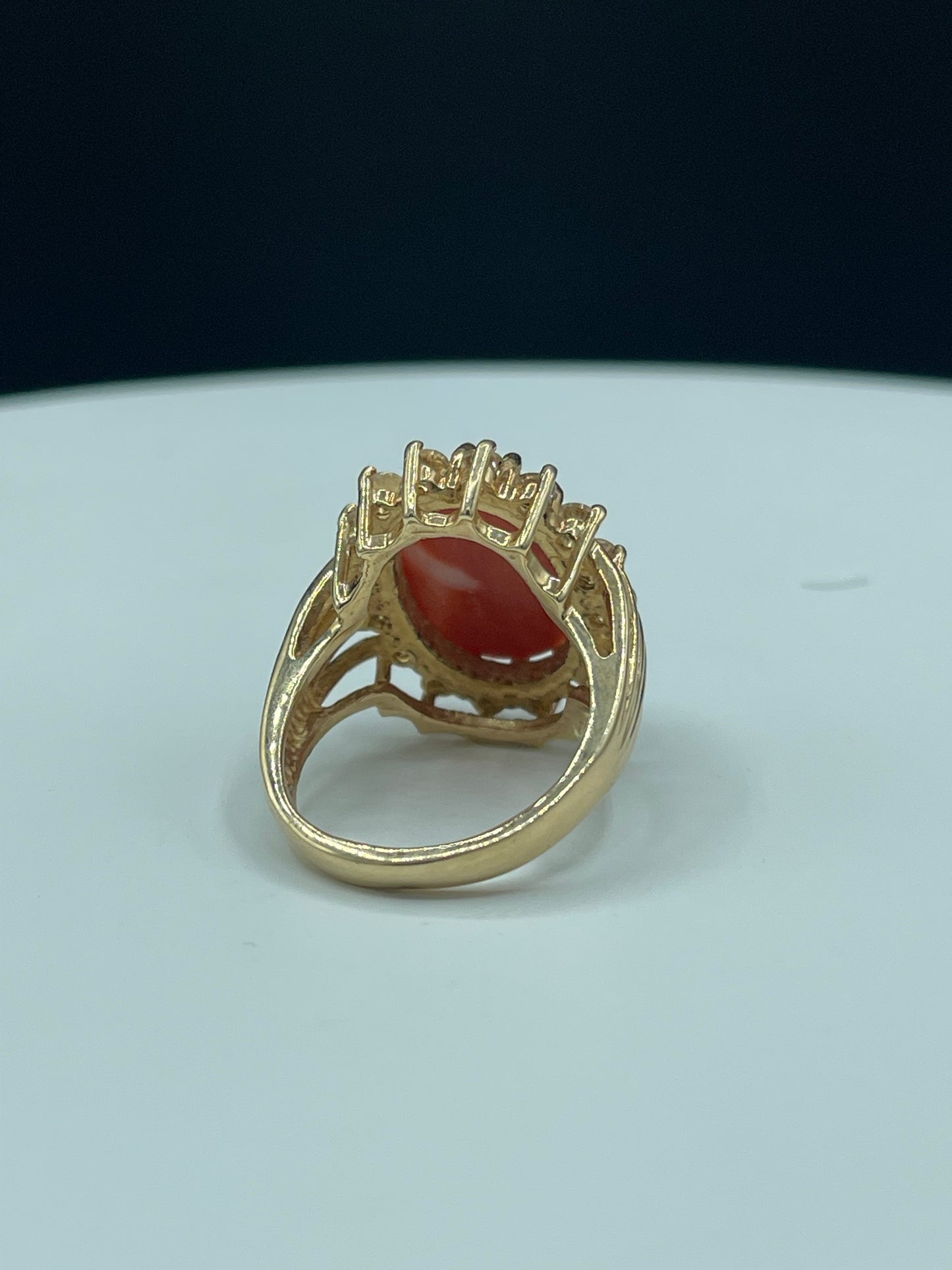 6.68 Carat Natural Italian Coral & White Topaz 14k Yellow Gold Ring (Size 7.25)