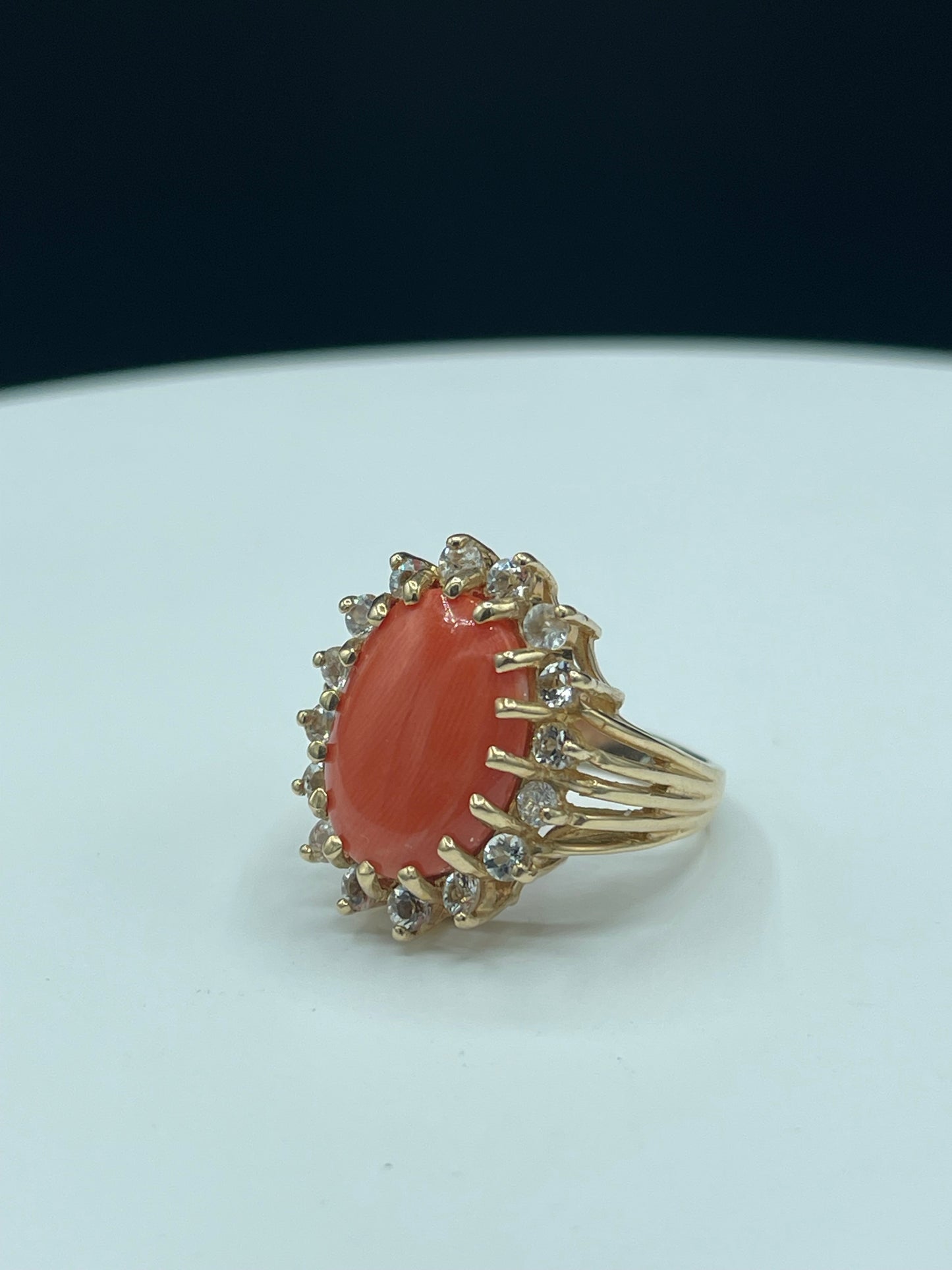 6.68 Carat Natural Italian Coral & White Topaz 14k Yellow Gold Ring (Size 7.25)