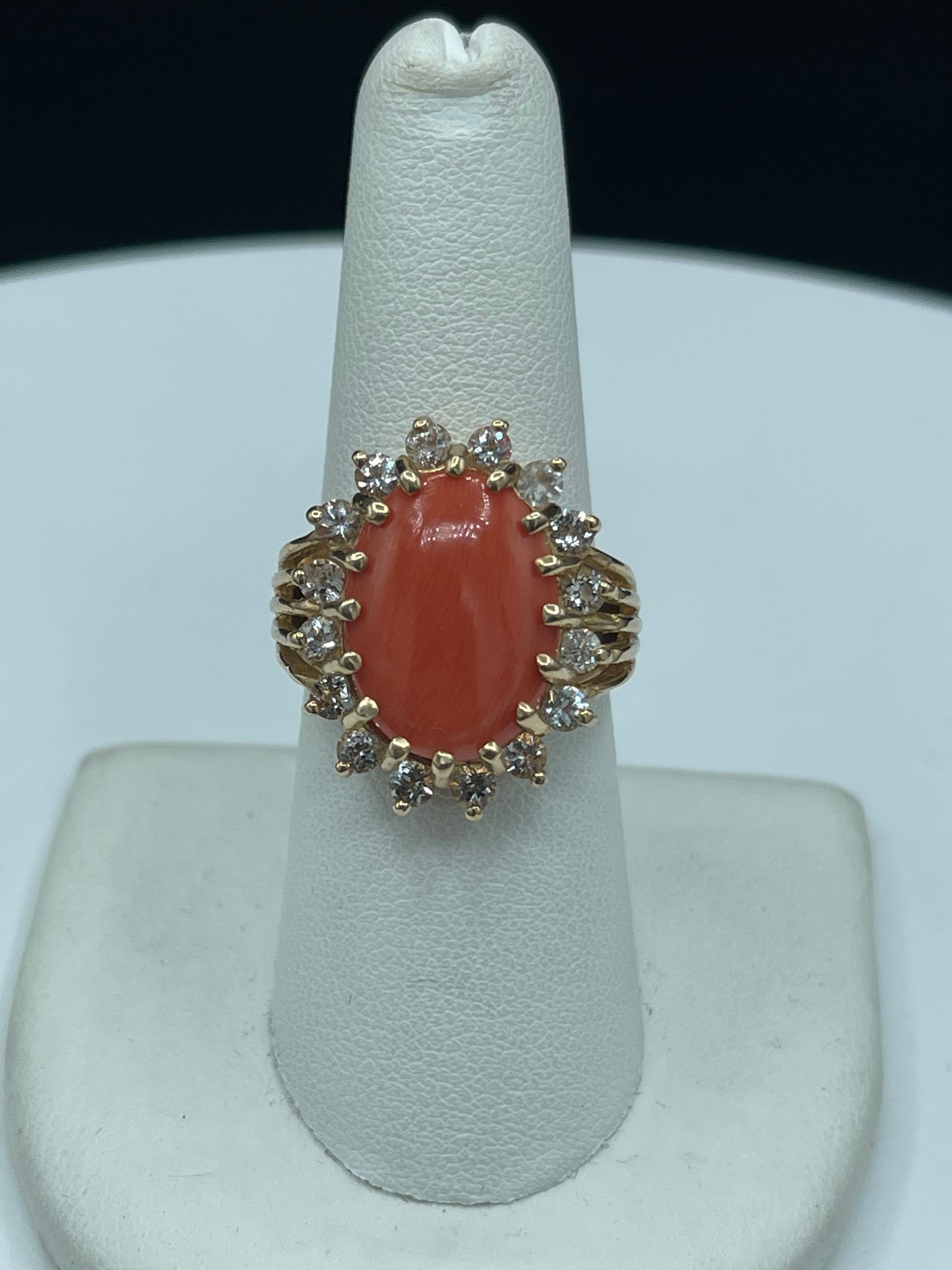 6.68 Carat Natural Italian Coral & White Topaz 14k Yellow Gold Ring (Size 7.25)