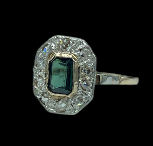 Antique Natural Blue Green Sapphire & Diamond 14k Yellow + White Gold Ring (Size 6)