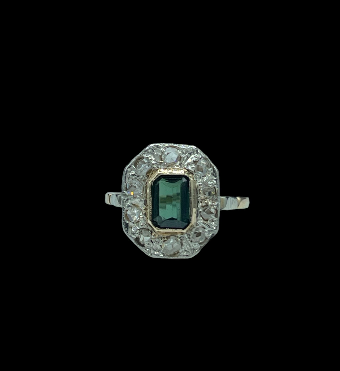 Antique Natural Blue Green Sapphire & Diamond 14k Yellow + White Gold Ring (Size 6)