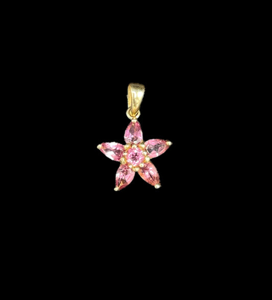 Natural Pink Tourmaline 14k Yellow Gold Flower Pendant