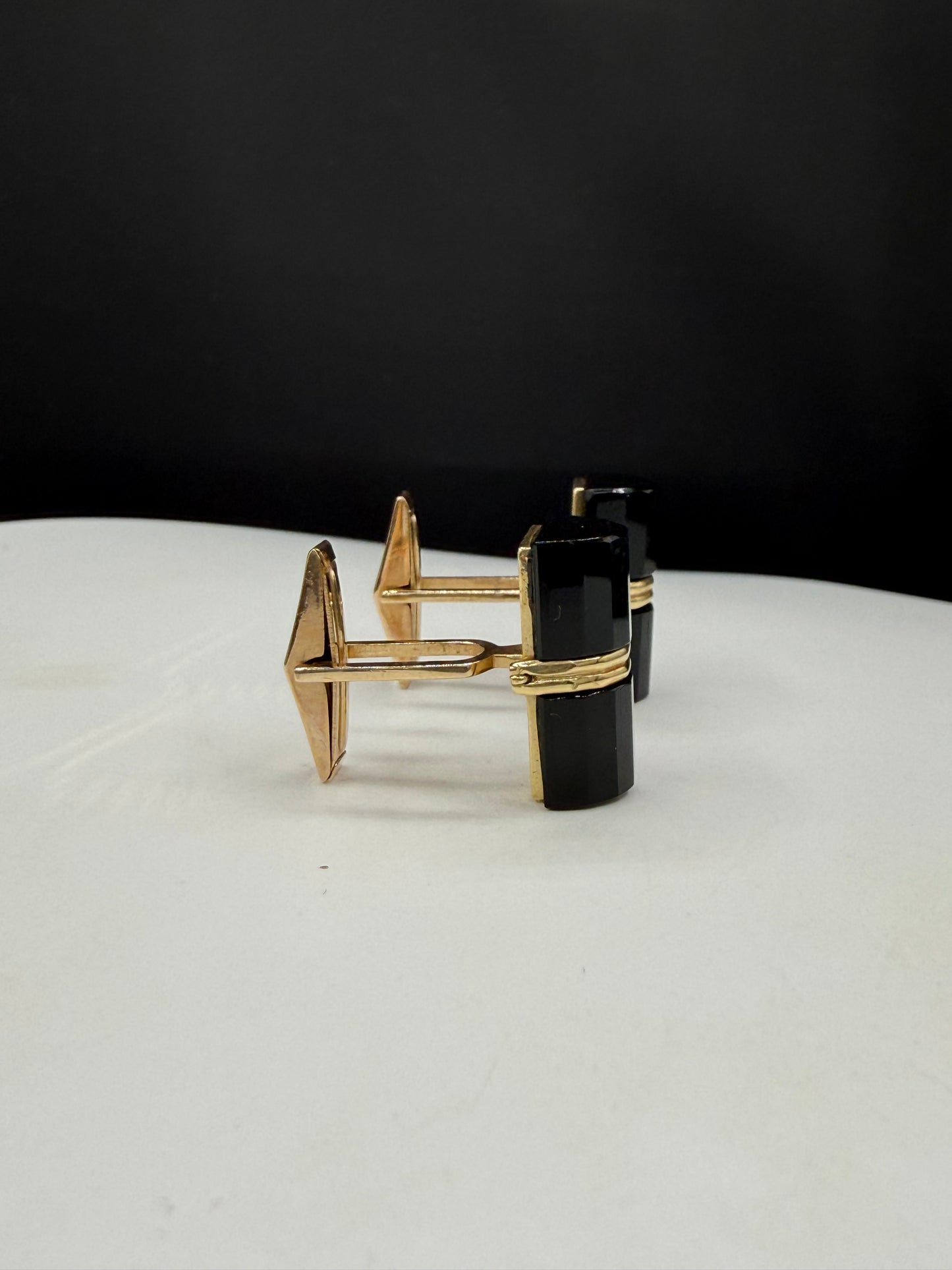 Vintage 14K Gold & Bar-Cut Black Onyx Custom Cufflinks | 10.3g