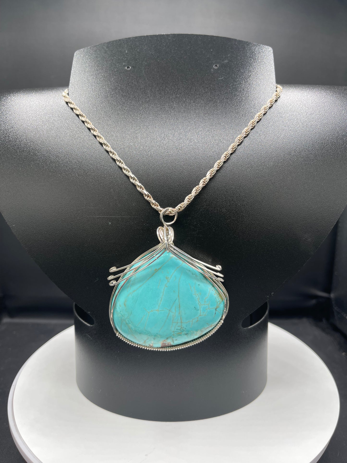 200 Carat Turquoise Sterling Silver Wire Wrapped Pendant & Necklace