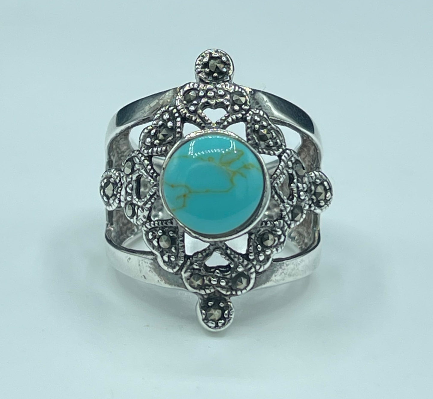 Natural Turquoise & Marcasite Sterling Silver Ring (Size 6.25)