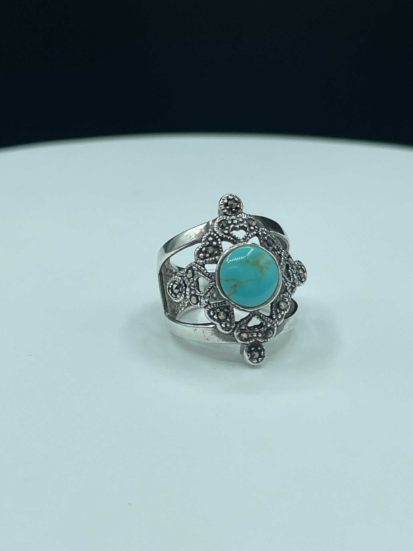 Natural Turquoise & Marcasite Sterling Silver Ring (Size 6.25)