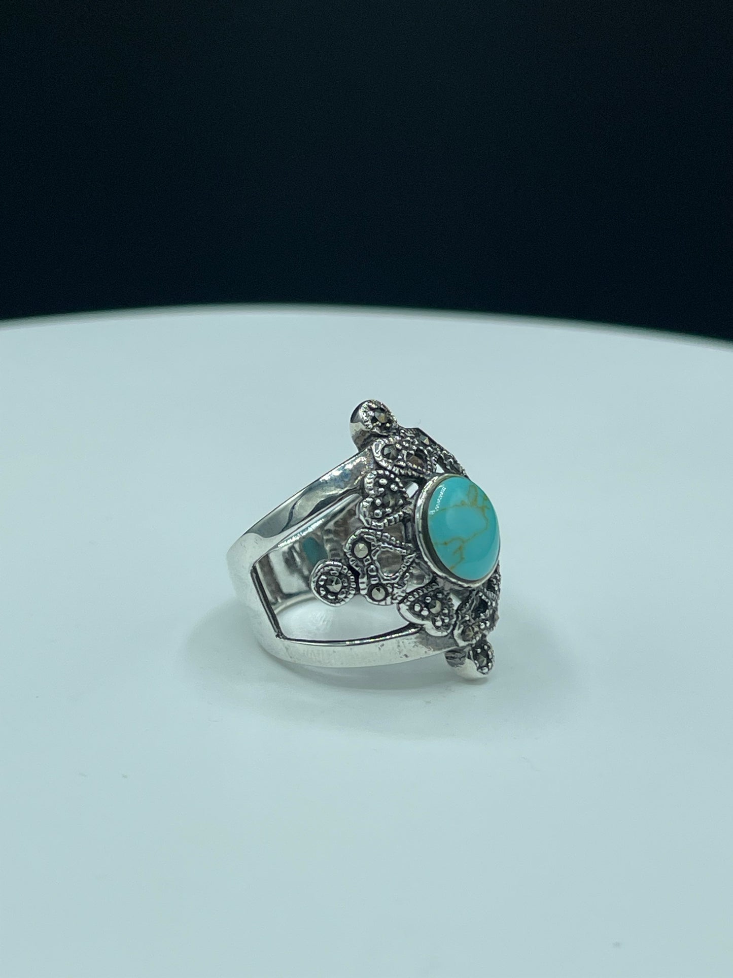 Natural Turquoise & Marcasite Sterling Silver Ring (Size 6.25)