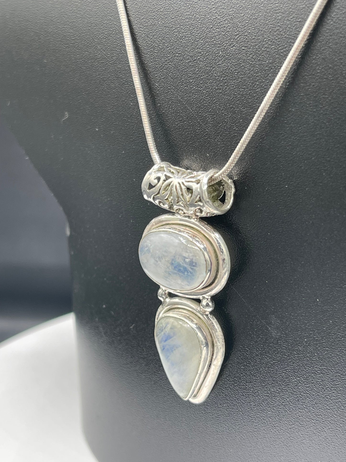 Natural Rainbow Moonstone Fancy Sterling Silver Pendant & Necklace (20.5 Inches)