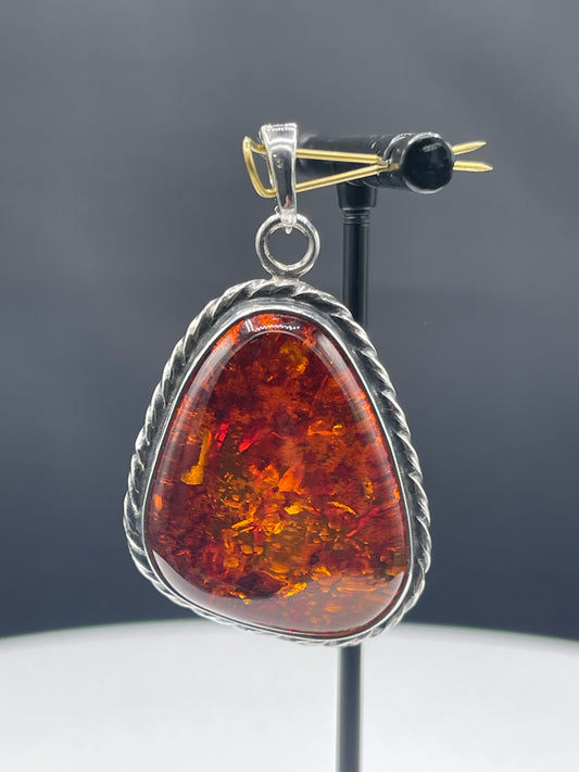 Unique Large Natural Amber Sterling Silver Enhancer Bail Pendant