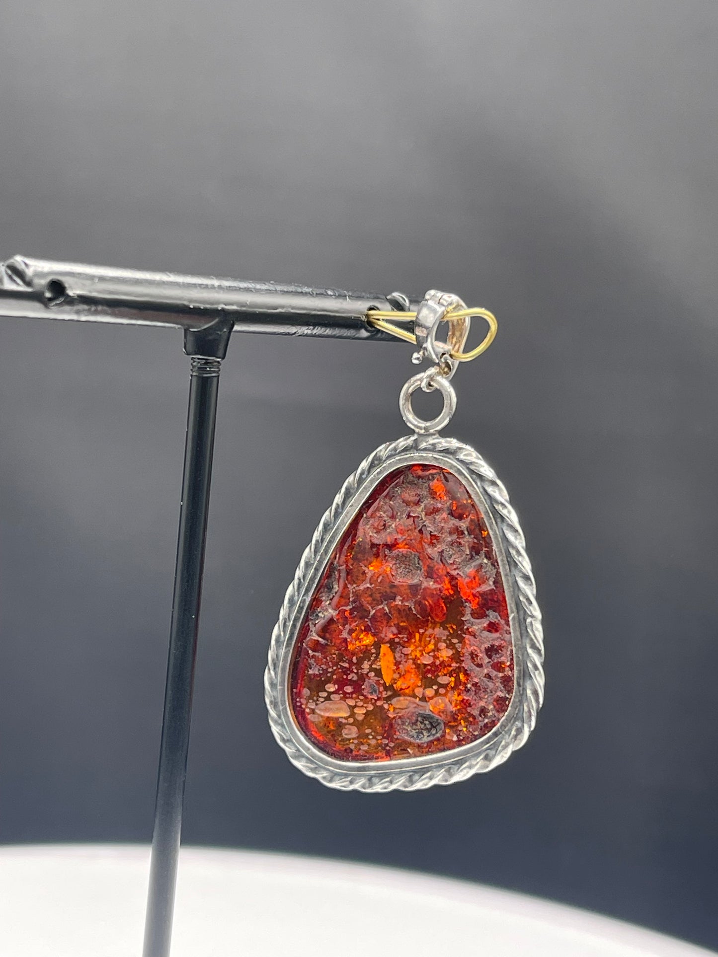 Unique Large Natural Amber Sterling Silver Enhancer Bail Pendant