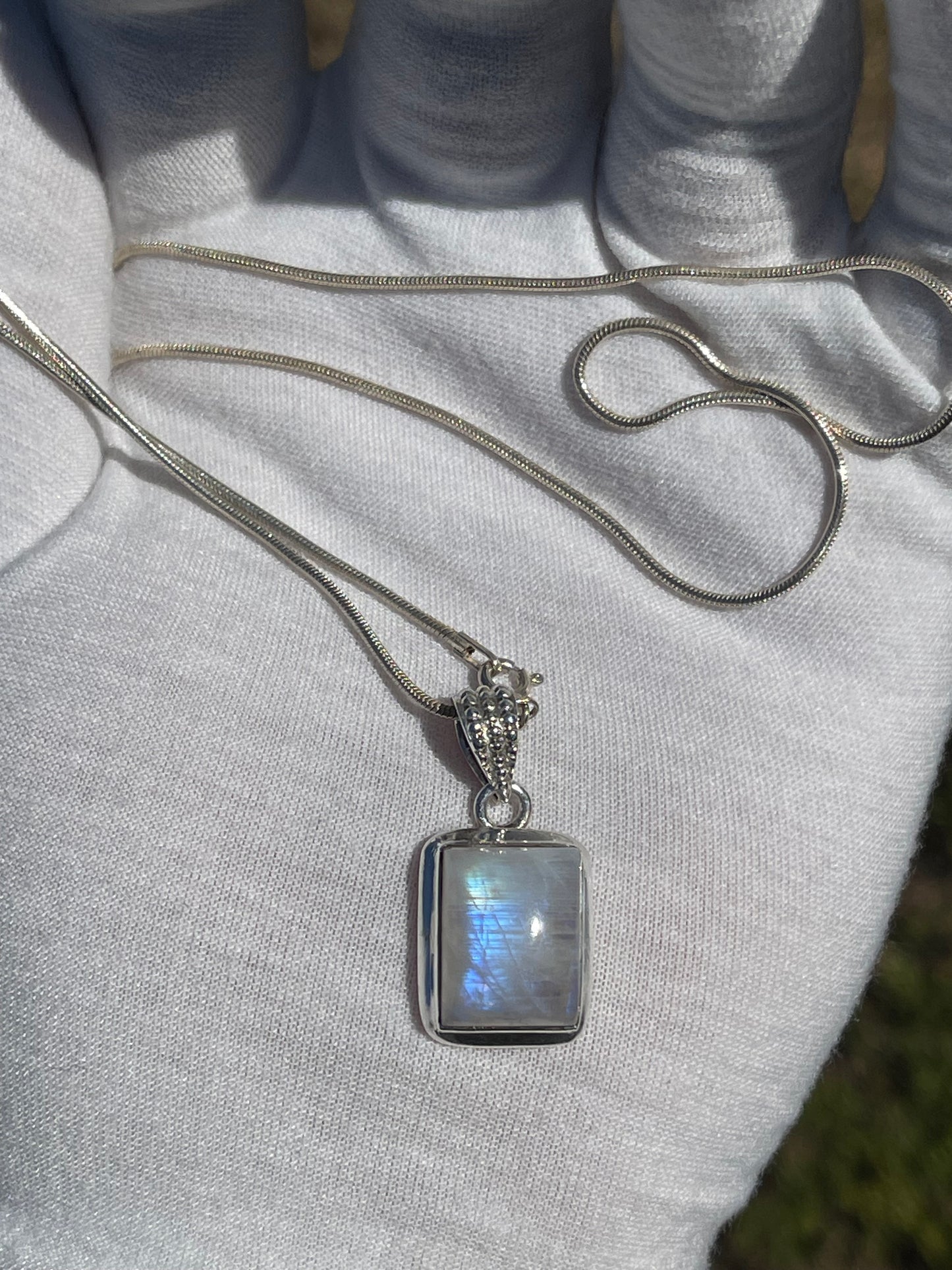 Natural Rainbow Moonstone Emerald Cabochon Cut Sterling Silver Pendant & Necklace (20 inches)