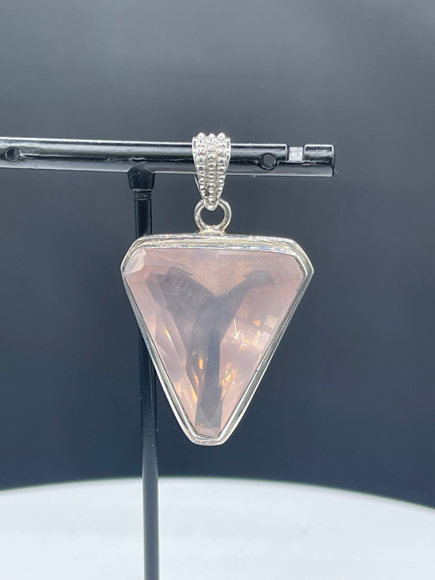 Elegant Trillion Cut Rose Quartz Sterling Silver Pendant