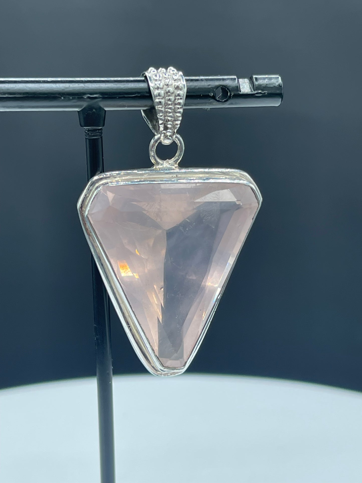 Elegant Trillion Cut Rose Quartz Sterling Silver Pendant