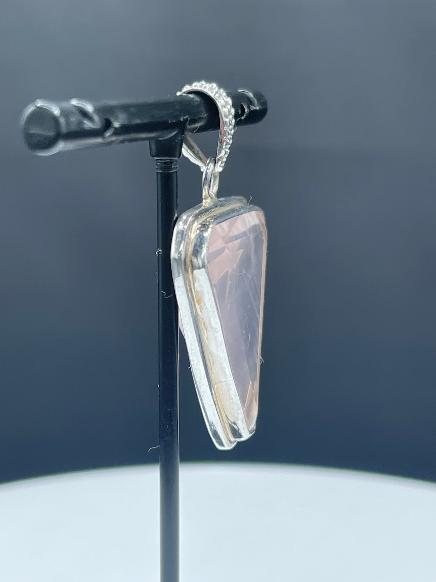 Elegant Trillion Cut Rose Quartz Sterling Silver Pendant