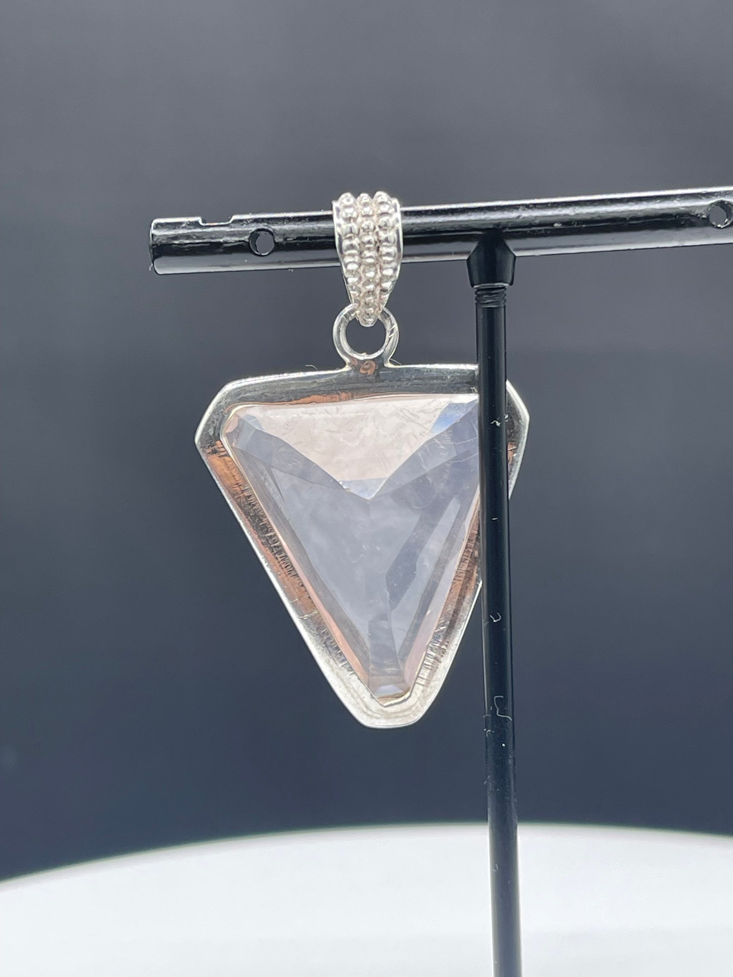 Elegant Trillion Cut Rose Quartz Sterling Silver Pendant