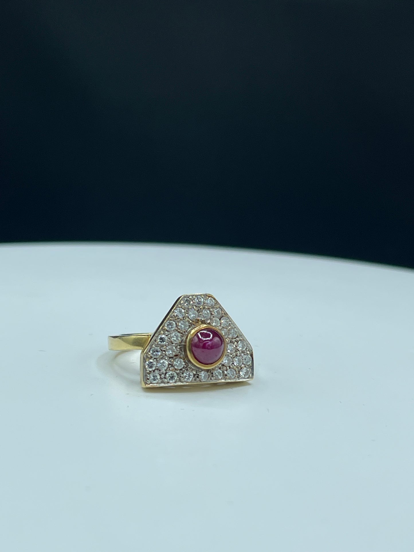 Natural Ruby Cabochon & Diamond 18k Yellow Gold Statement Ring (Size 7)